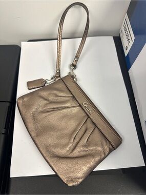 Coach Ashley Metallic Bronze Leather Pleated Wristlet